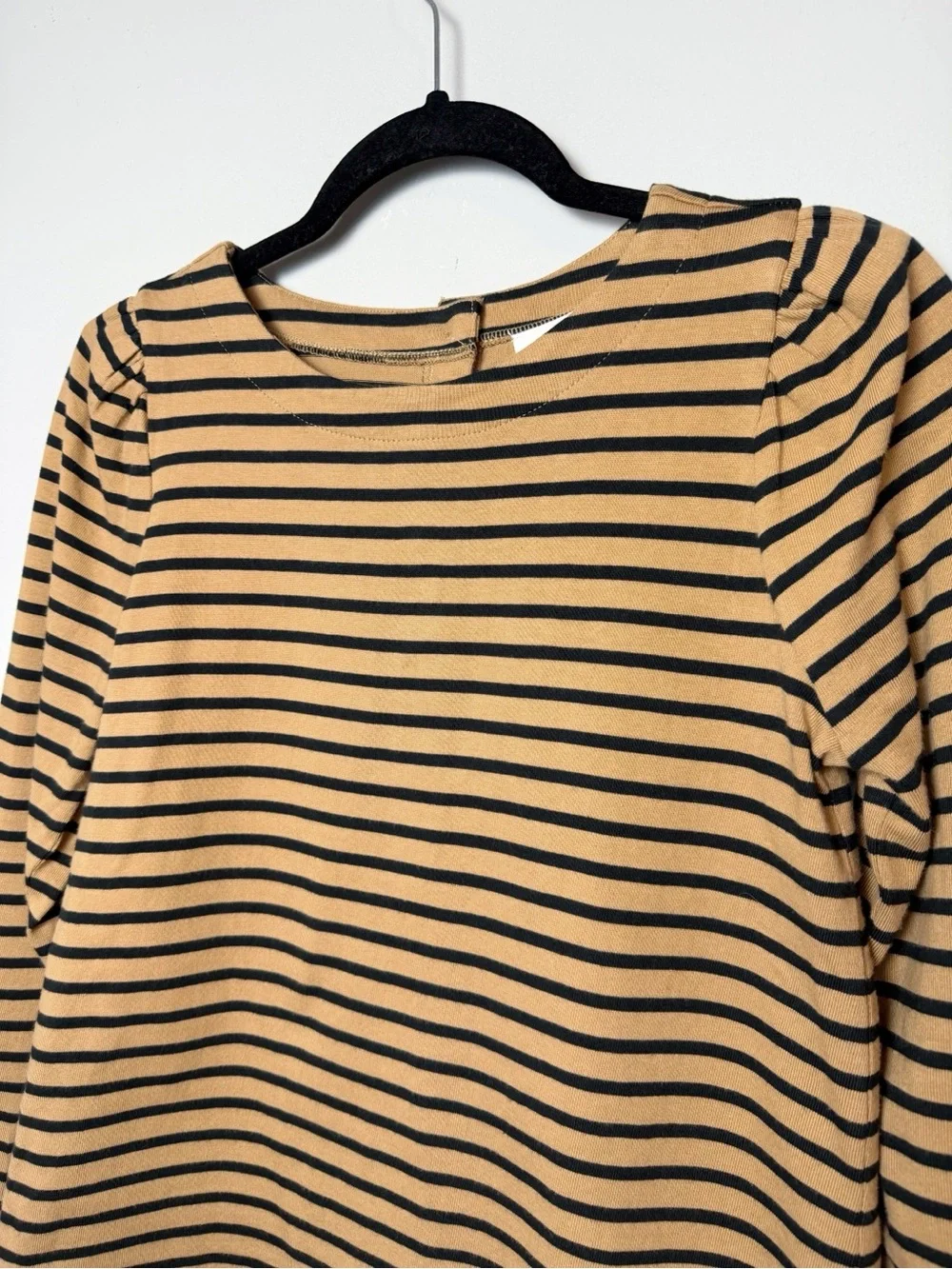 J. Crew Camel/Black Stripe Puff Sleeve Button Back Top